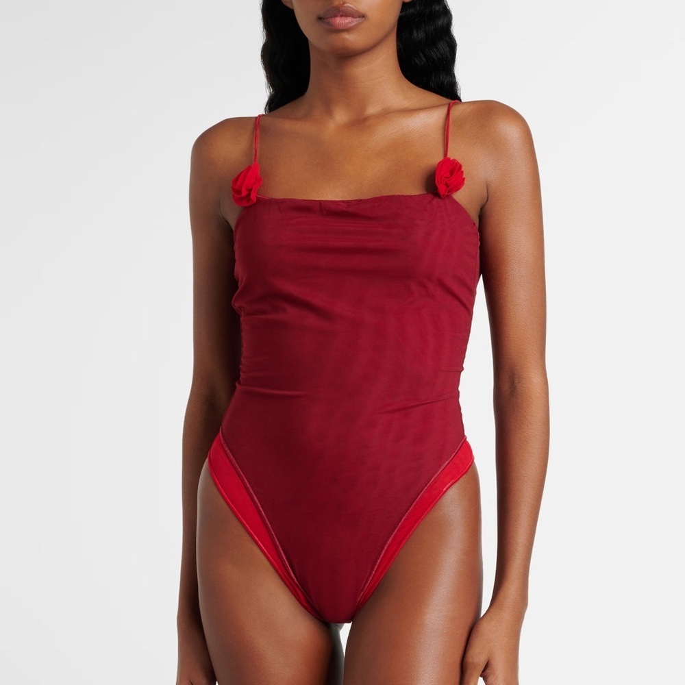 Oseree Rose Maillot Rosette Flower Skinny Strap One Piece Swim Suit Red Merlot